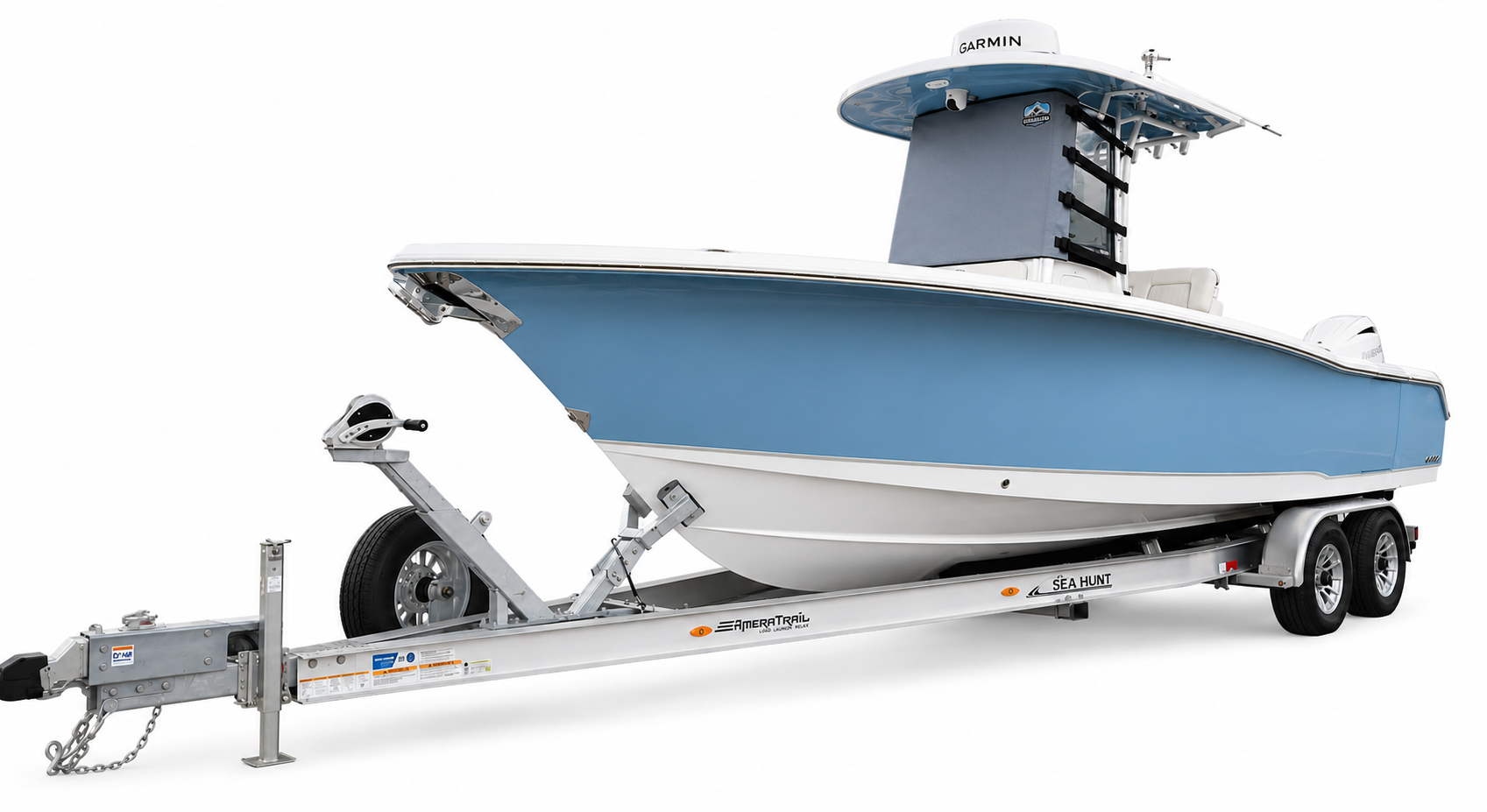 Port side view of Marine RoadGuard windshield protection system on a trailered boat